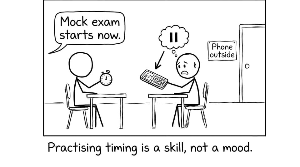 Stick figure tries to pause time with calculator