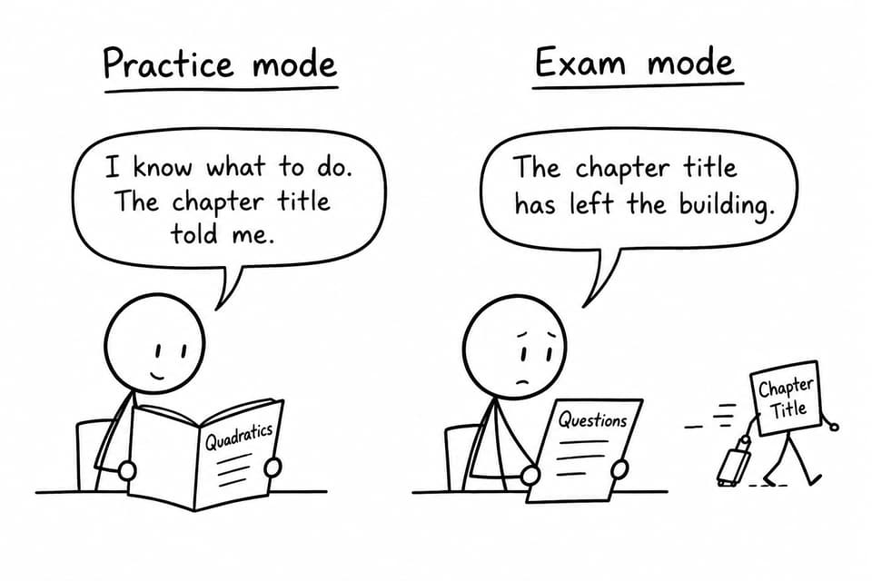 A student finds that chapter headings disappear when practice becomes an exam