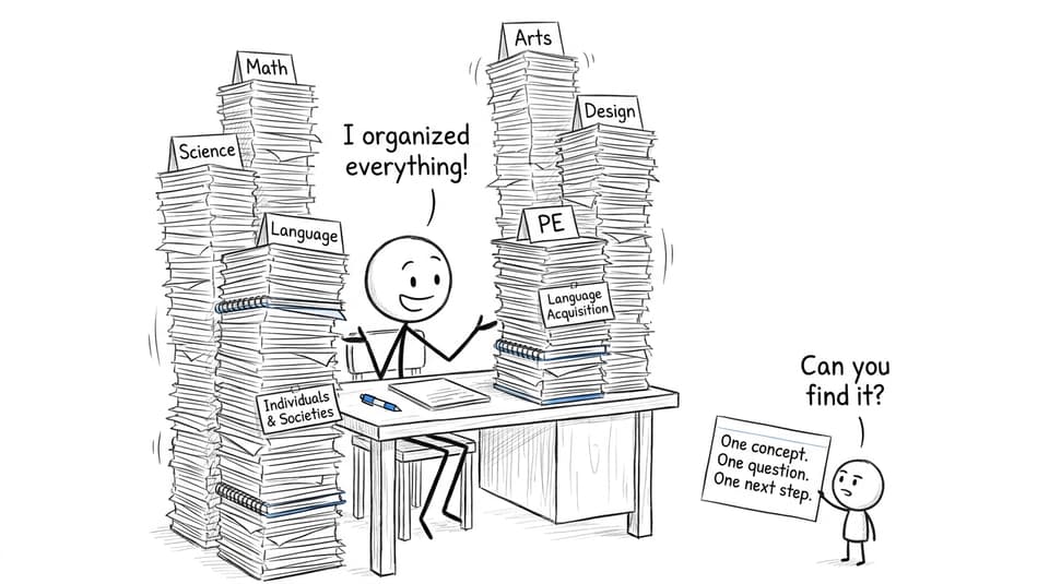 An XKCD-style student discovers that organizing notes is not the same as being able to find them