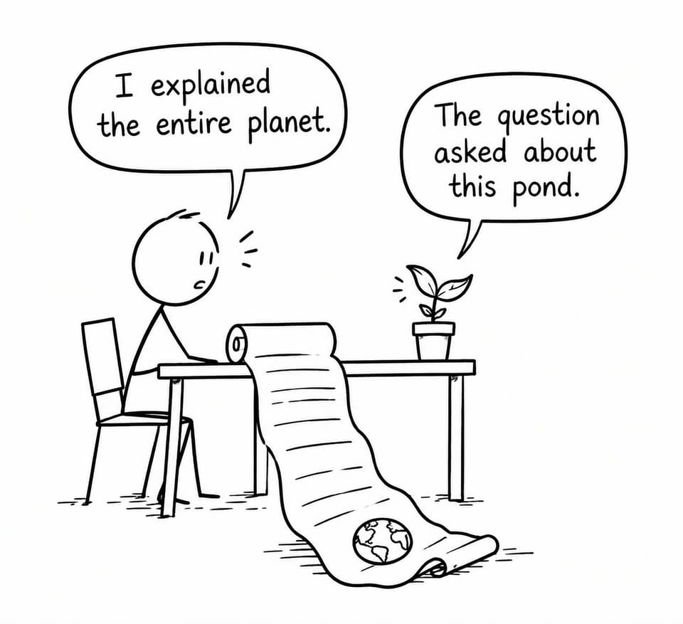 A student explains the entire planet when the question only asks about one pond.