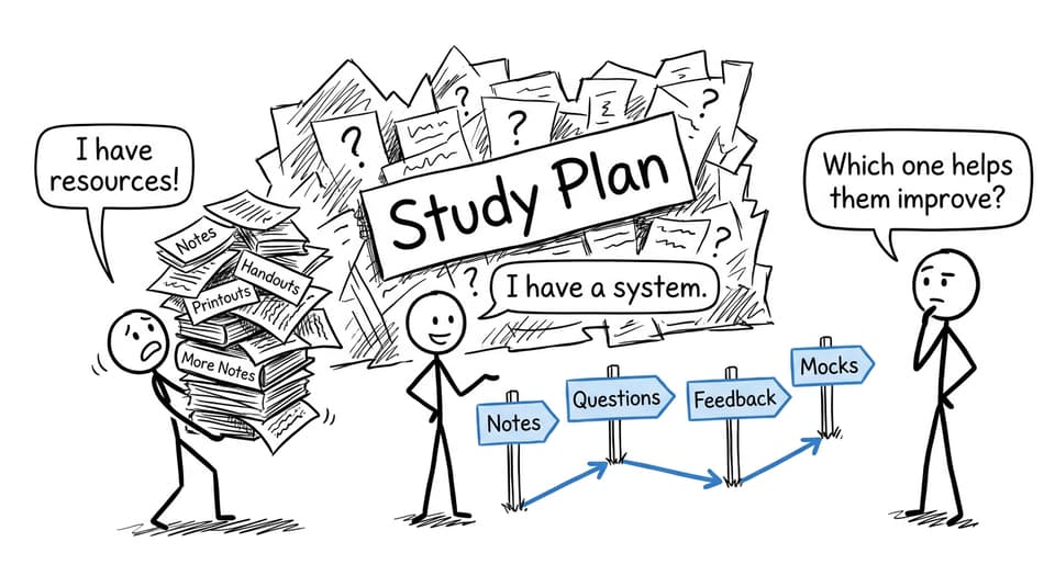 Three students compare a pile of resources with a connected study system while a parent asks which approach supports improvement