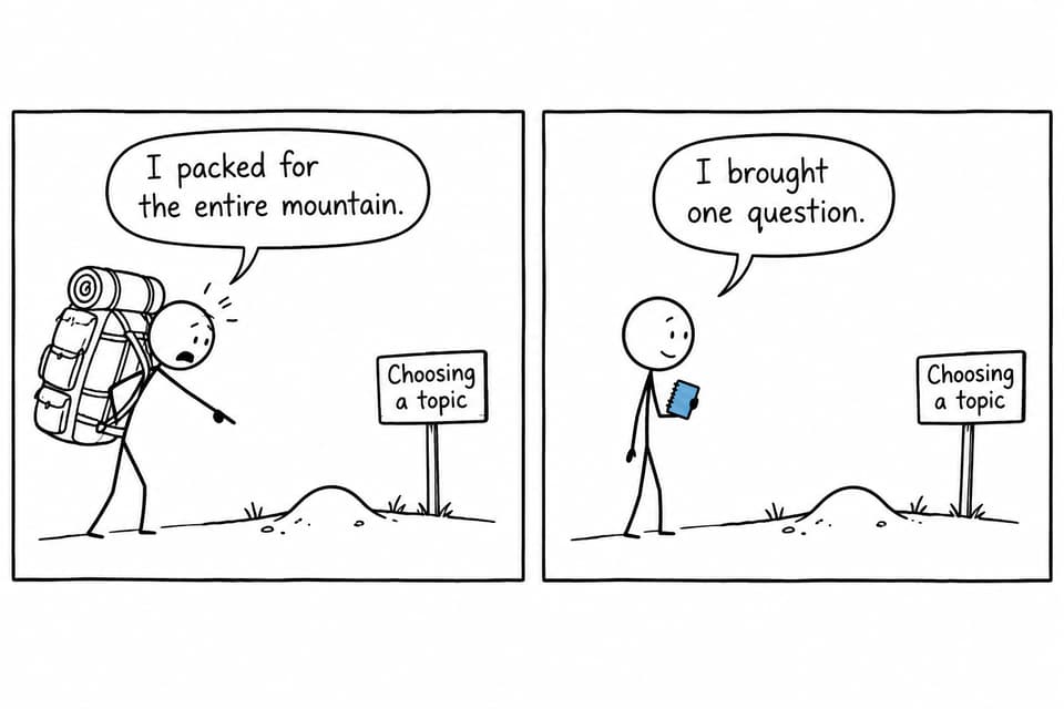 One student carries excessive equipment toward a mountain while another begins with a single written question