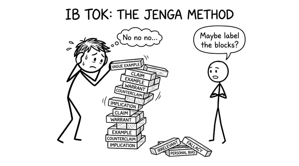 A wobbling TOK argument tower made of labeled blocks
