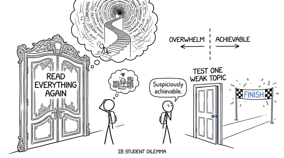 An IB student chooses the suspiciously achievable door to test one weak topic