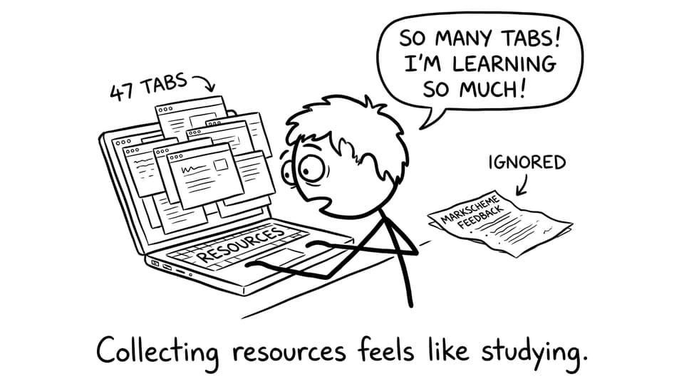 A student with 47 tabs open labeled resources ignoring a sheet labeled markscheme feedback