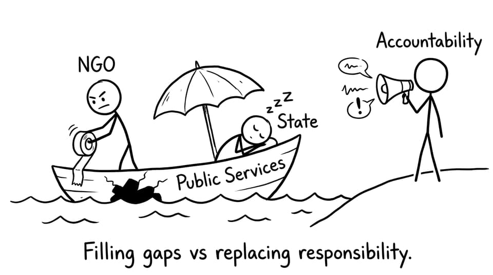 An NGO patches a boat while the state naps