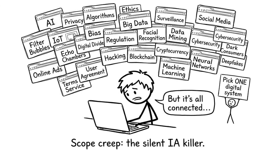 Student with too many tabs and an examiner warning about scope creep