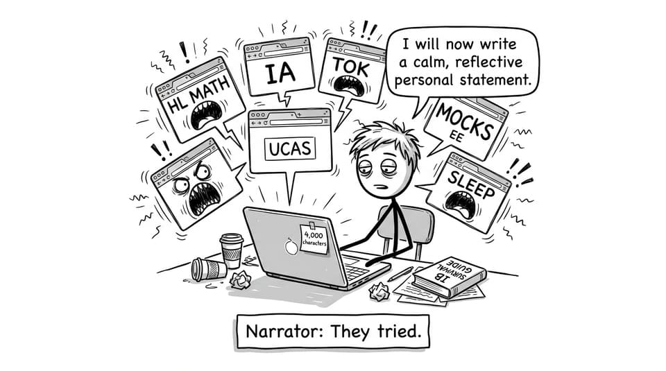 An IB student tries to write a UCAS statement while tabs scream for attention