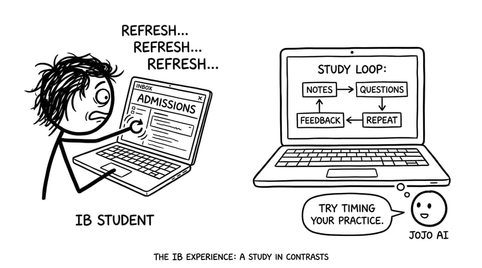Student refreshing admissions email while a calm study loop sits nearby
