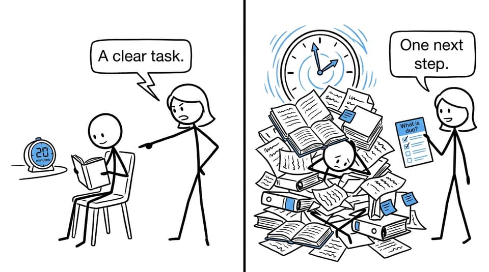A comic showing how a clear homework task prevents an endless mountain of reading and drafts