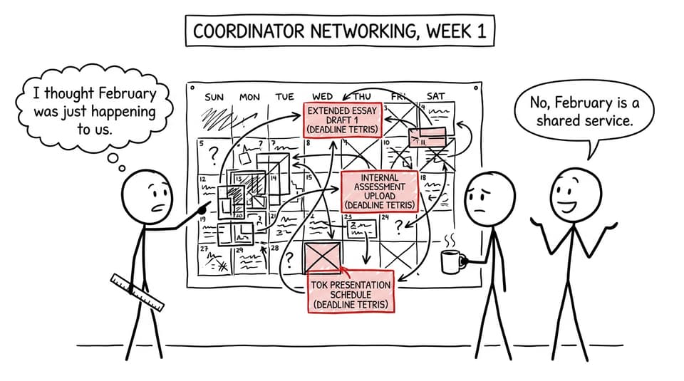 Comic of IB coordinators discovering that deadline chaos is shared