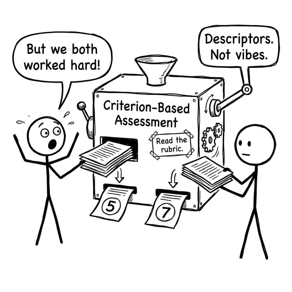 Comic about criterion-based assessment outputting different grades