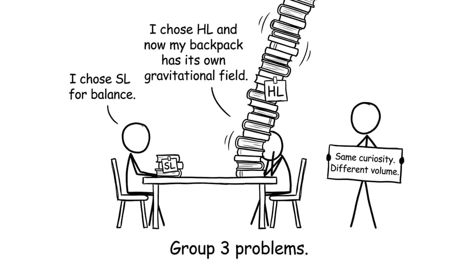 Two students comparing SL and HL book stacks