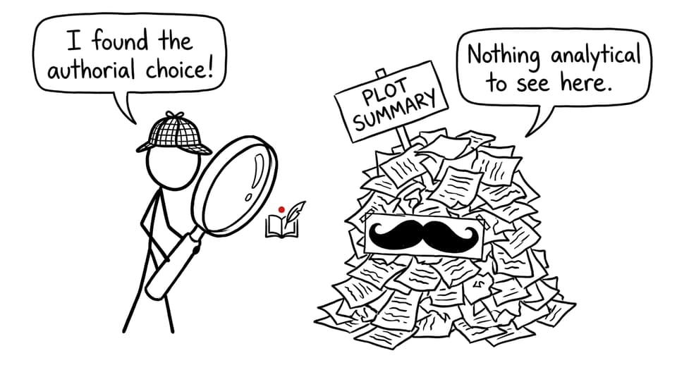 A student detective discovers an authorial choice while plot summary hides nearby