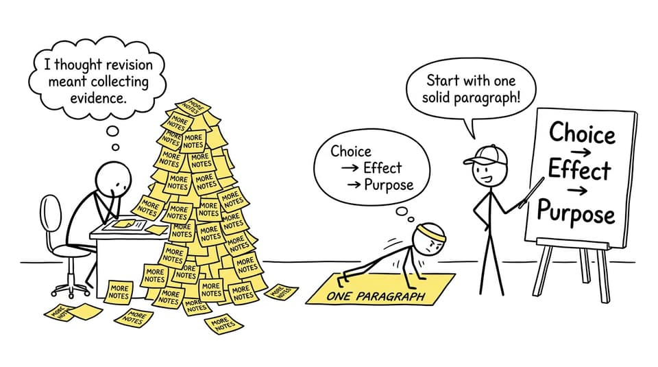 A comic about replacing piles of revision notes with one focused analytical paragraph