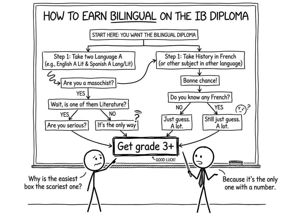 Comic flowchart of bilingual diploma routes
