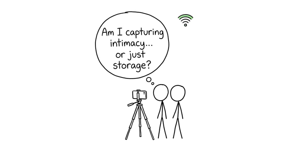 Phone filming friendship with an existential thought bubble