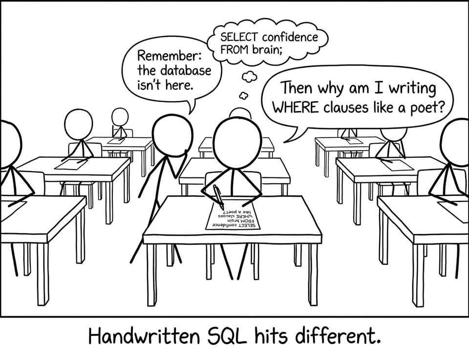 Handwritten SQL exam joke
