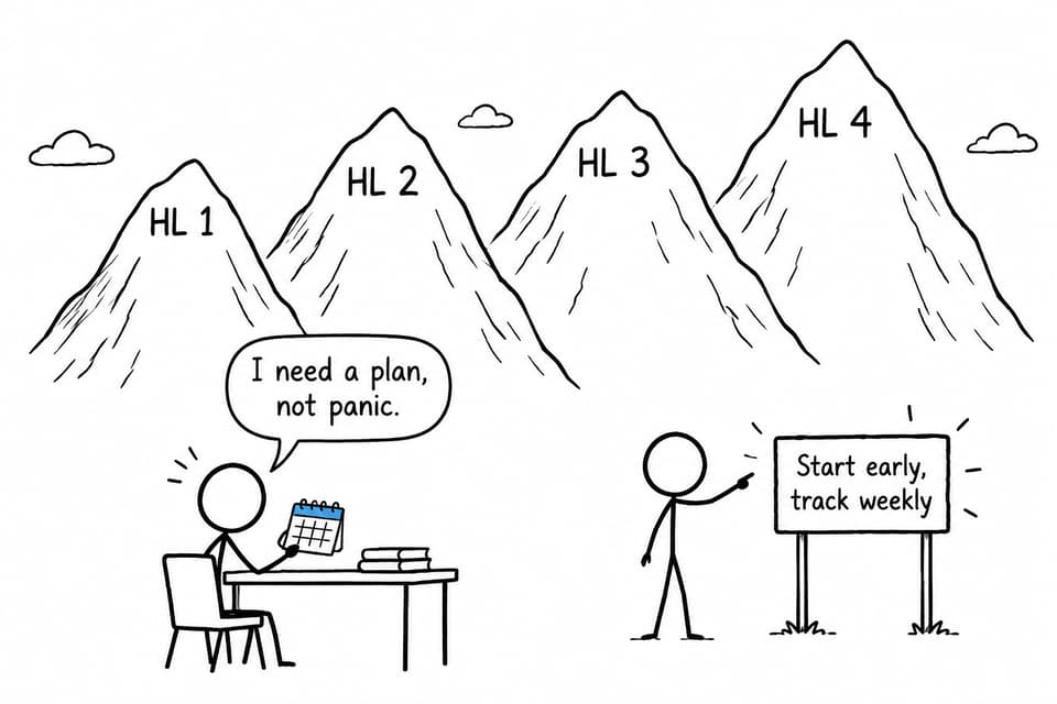 A student holding a calendar faces four huge HL mountains while another student points towards a weekly planning sign.