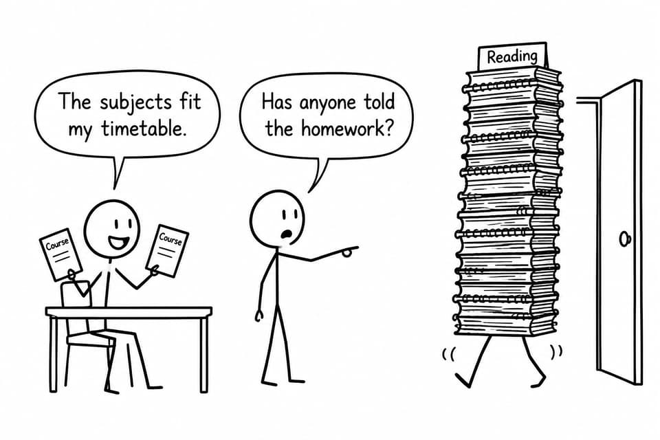 A student discovers that choosing subjects does not stop a towering pile of reading from entering the room