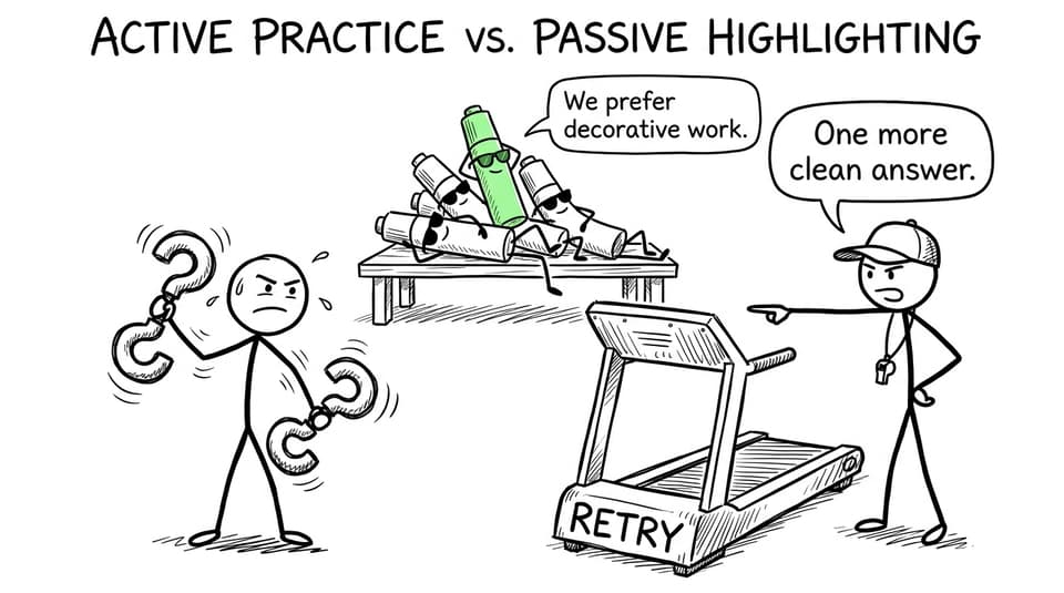 A student exercises with question-mark weights while passive highlighters relax