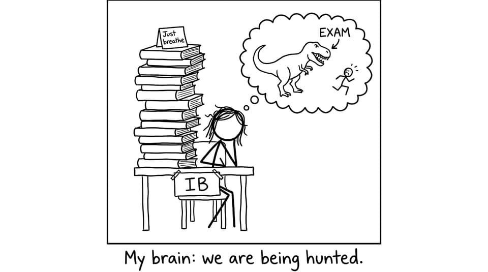 A student imagines an exam as a dinosaur