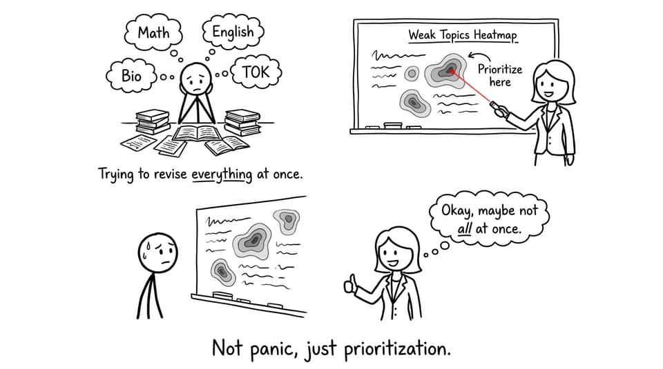 A student revising everything at once while the coordinator calmly points to priorities