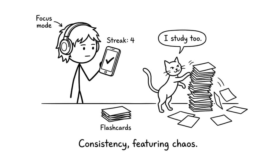 A student shows a phone with Streak: 4 while a cat knocks over Flashcards