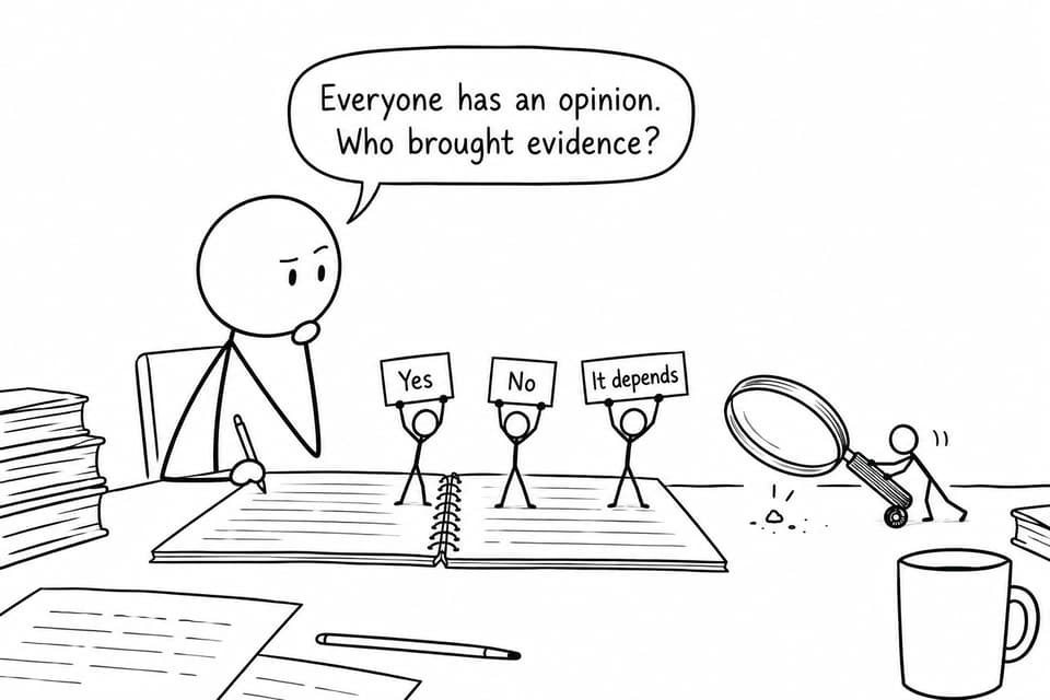 A student asks three opinions who brought evidence while a fourth figure arrives with an oversized magnifying glass