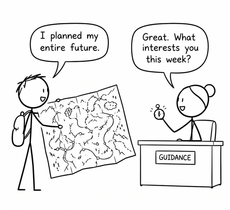 A student unfolds an enormous future map while an adviser asks what interests them this week