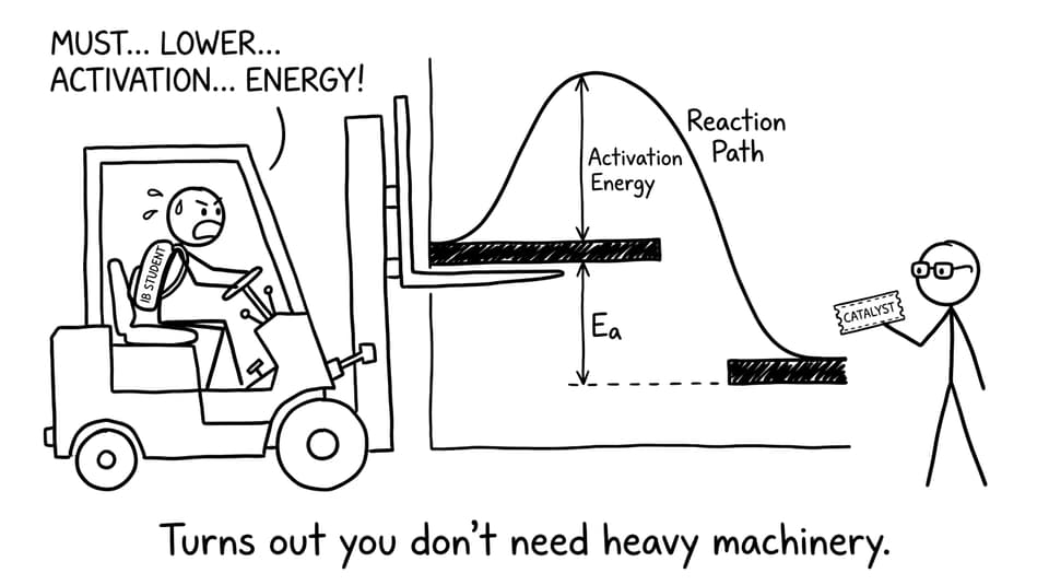 A student tries to lower activation energy with a forklift