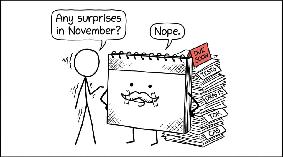 An IB calendar pretending not to hide upcoming tests, drafts, TOK, and CAS work