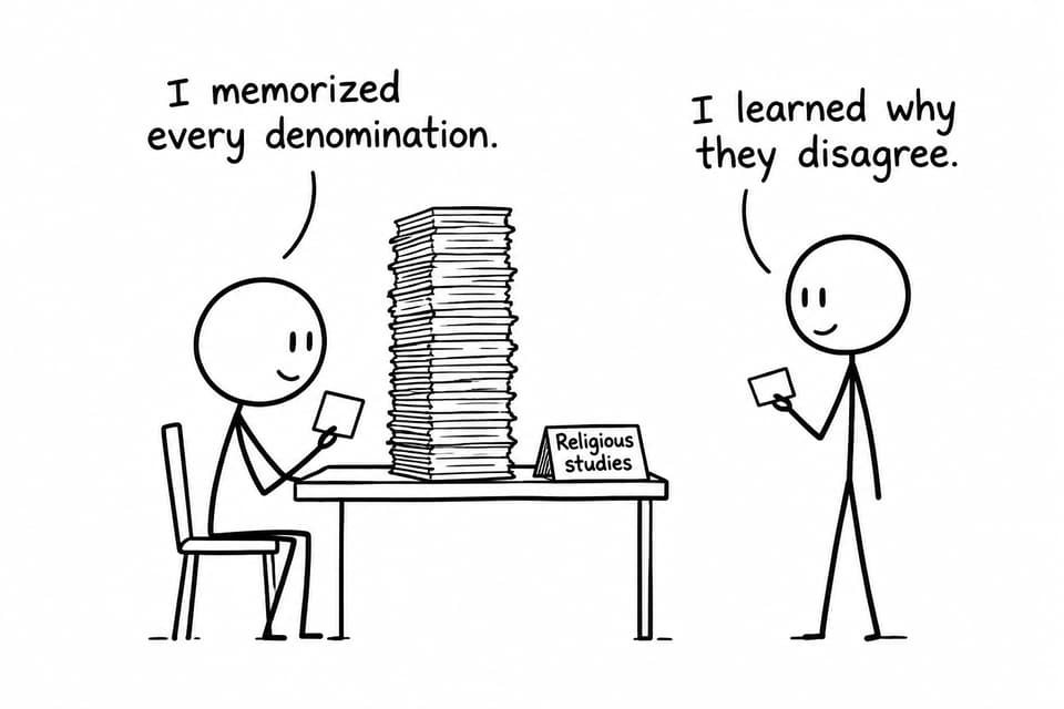 Two students compare memorizing denominations with understanding why they disagree