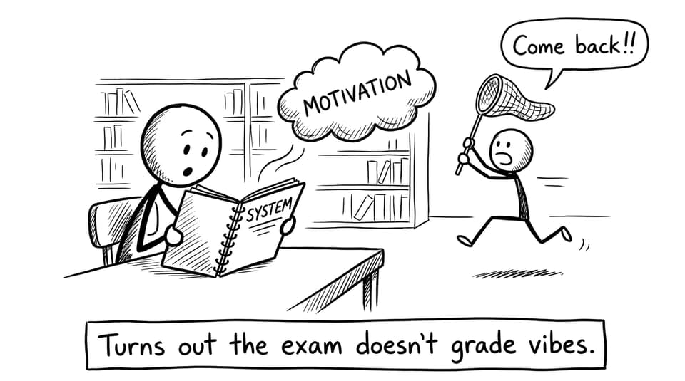 A stick figure chooses SYSTEM over MOTIVATION