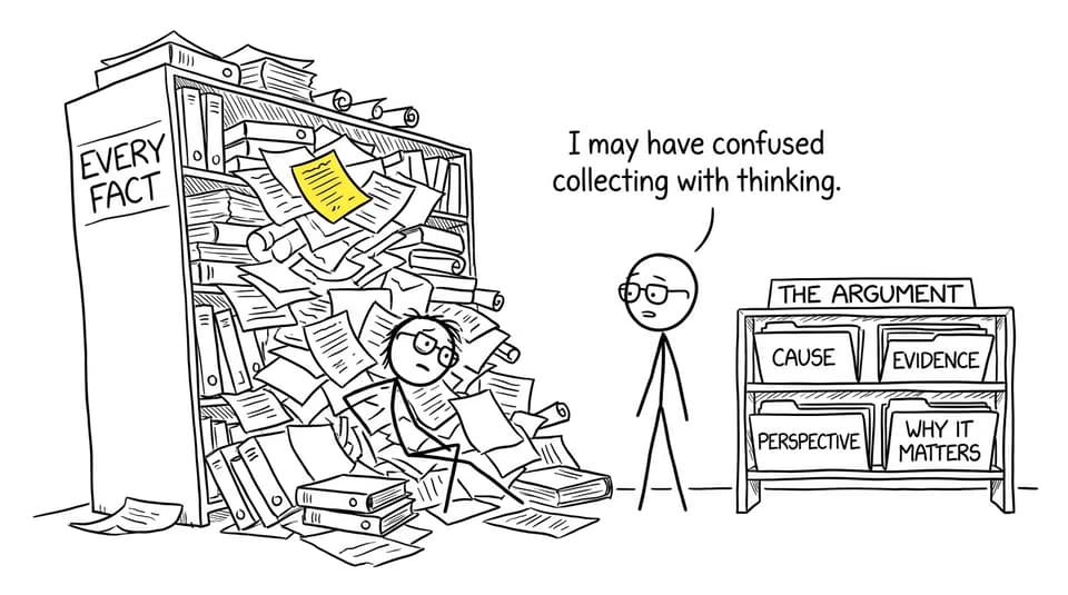 A student historian realizes that collecting every fact is not the same as building an argument