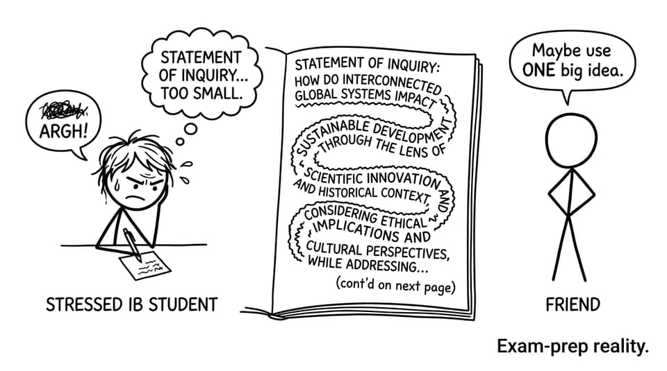 A student tries to fit an SOI on a sticky note while an overlong sentence wraps around the page