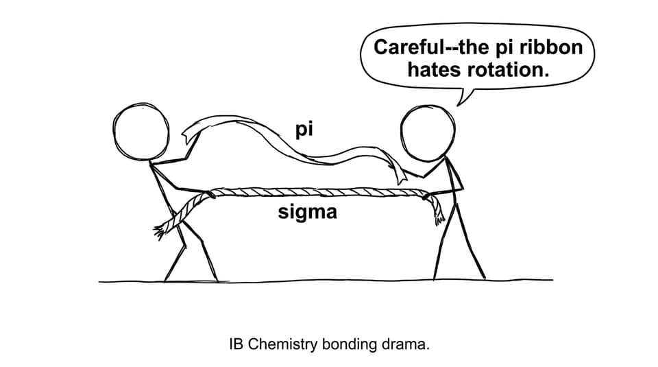 IB Chemistry bonding comic: pi ribbon hates rotation