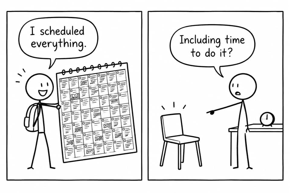 A student holds an elaborate calendar while another asks whether it includes time to complete the work