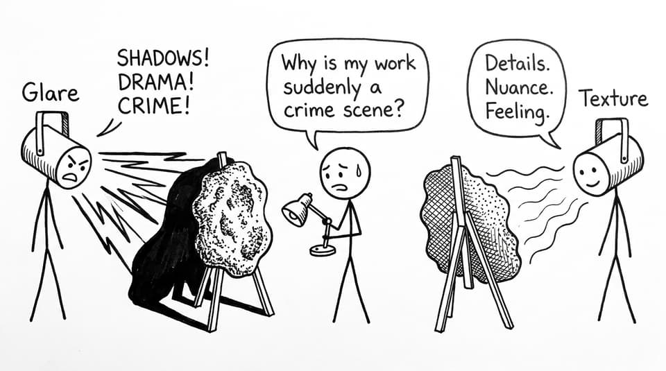 Comic about spotlights arguing: glare vs texture