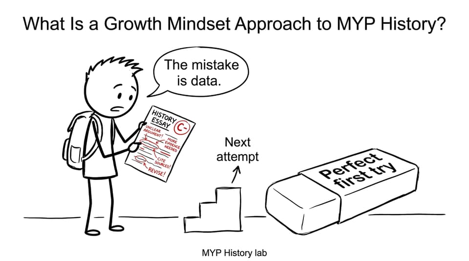XKCD-style comic showing an MYP History student treating essay mistakes as useful data