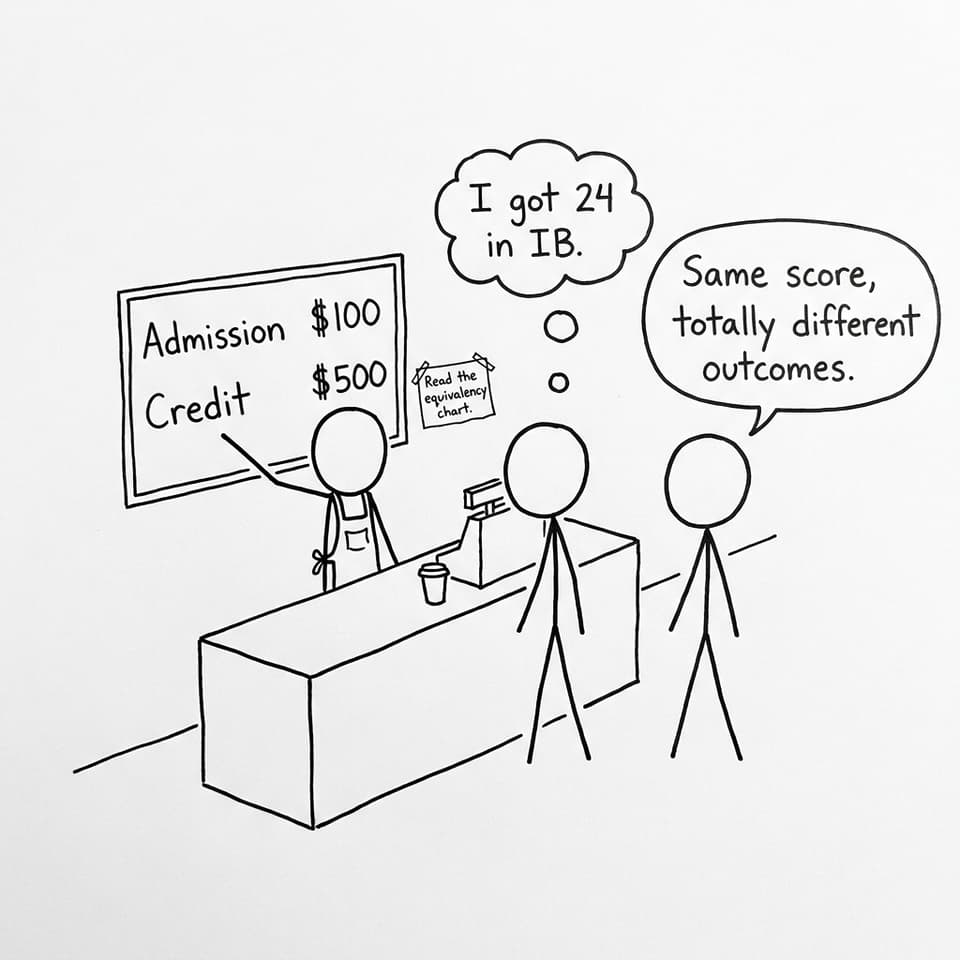 Two students in a coffee shop comparing admission vs credit outcomes