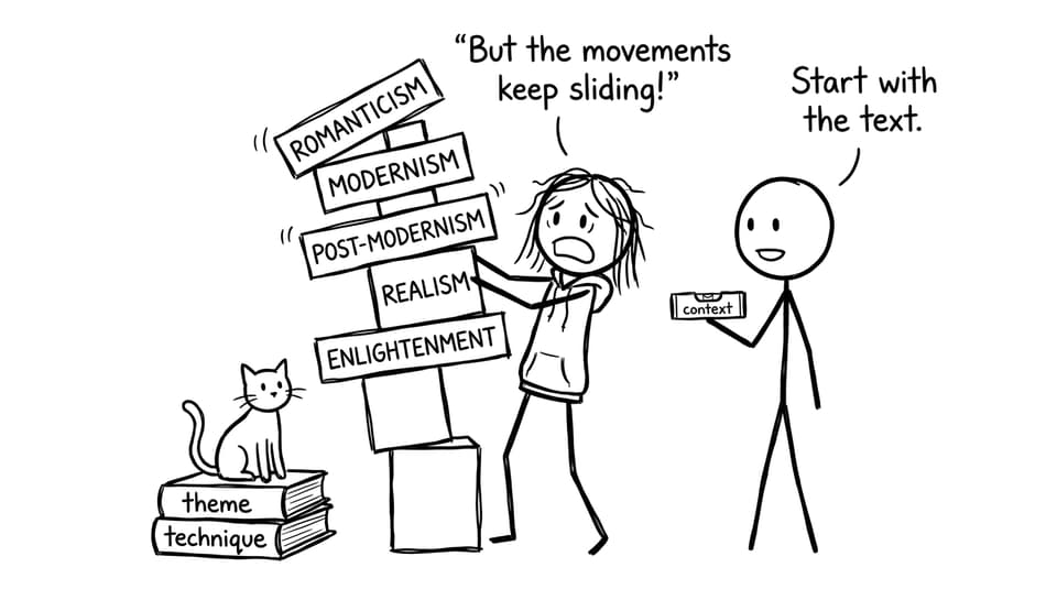 A student builds a wobbly timeline tower of literary movements