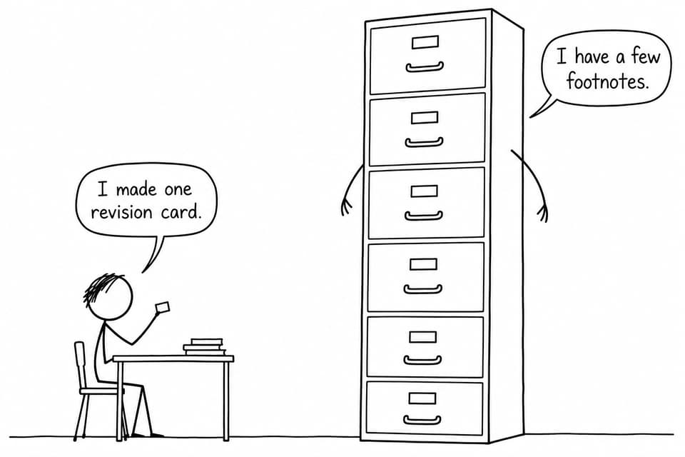 A student holding one revision card confronts a filing cabinet full of footnotes