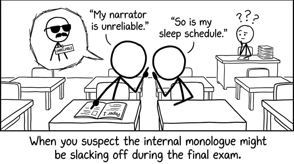 Two students joke about unreliable narrators in an exam hall