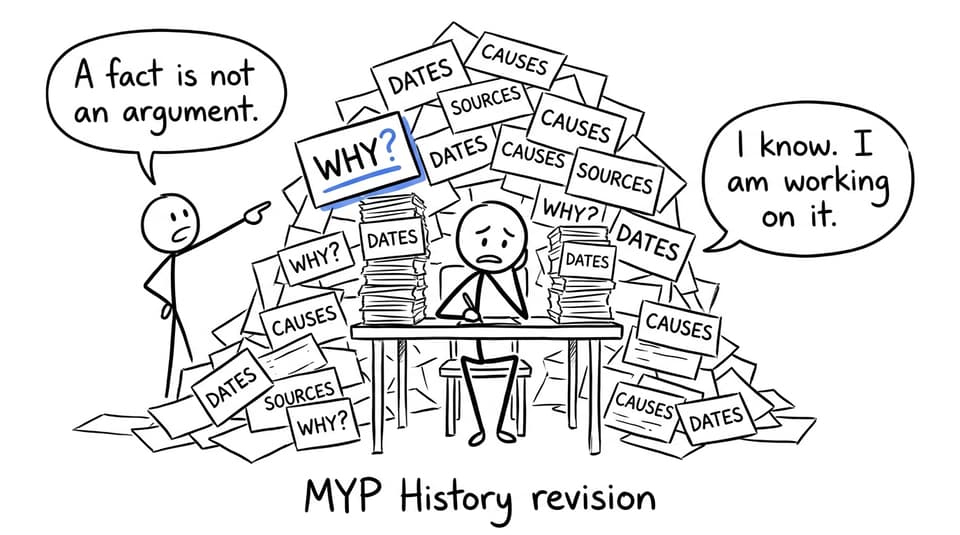 An MYP History student faces a mountain of dates, causes, sources, and arguments