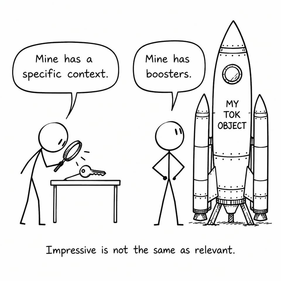 One student examines a contextualised key while another presents an oversized rocket as a TOK object