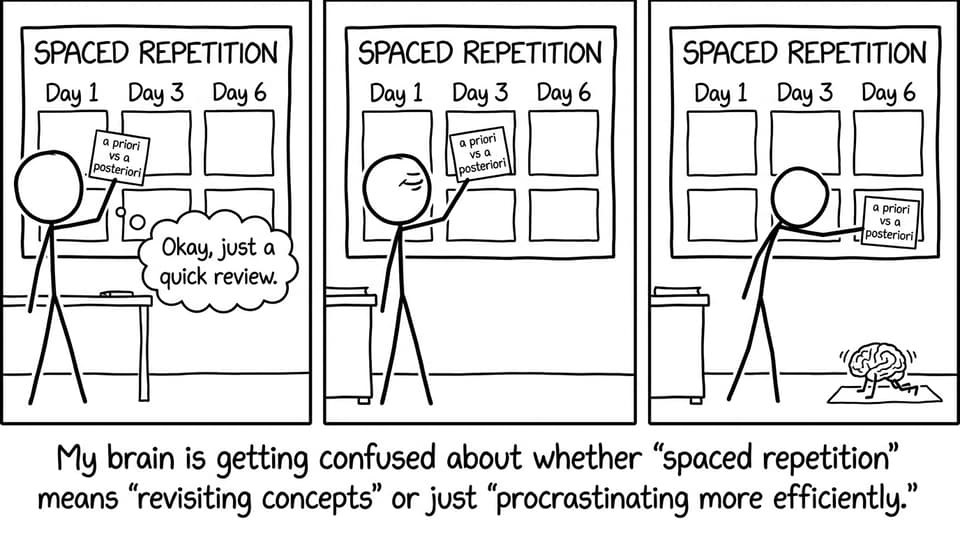Spaced repetition calendar with a student delaying a flashcard while a tiny brain does push-ups