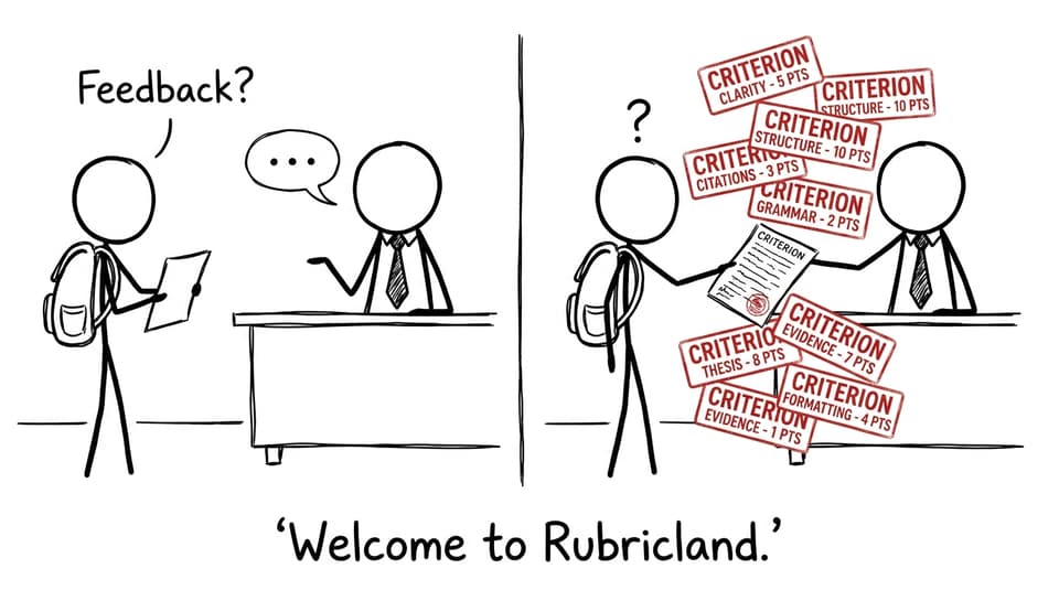 A teacher stamps a rubric like a passport