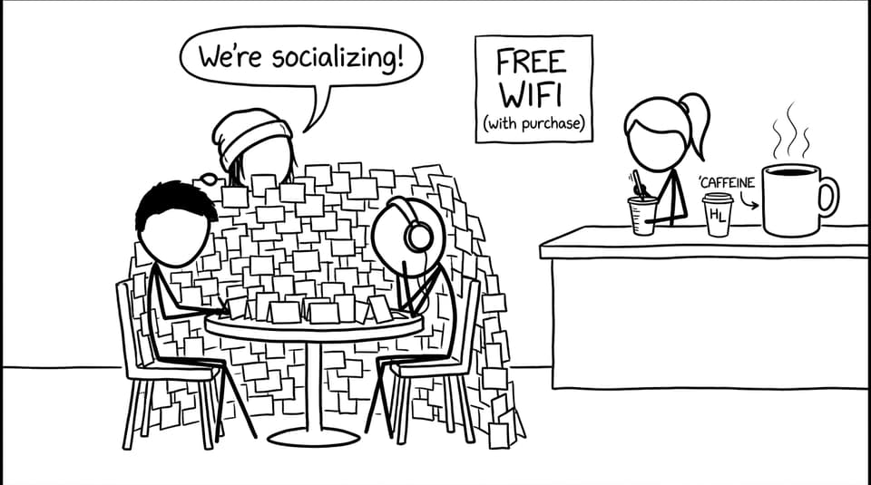 A cafe study group with a flashcard fortress and 'Caffeine HL'