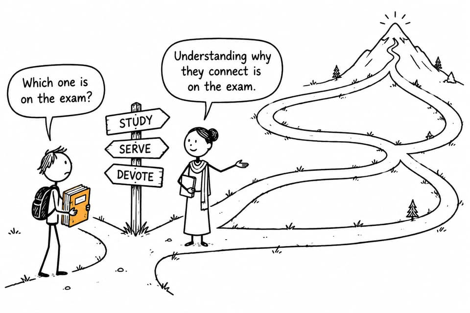 A student at three rejoining trails asks which path is on the exam while a teacher explains that understanding their connection matters